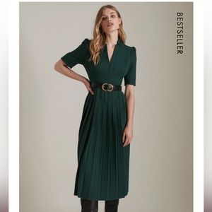 KAREN MILLEN Structured Crepe Forever Pleat Belted Midi Dress
